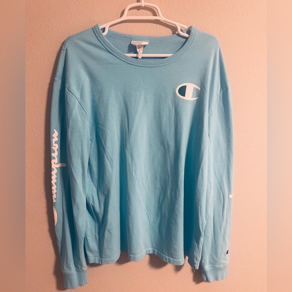 Vintage Champion Womens Boyfriend Long Sleeve Logo Print T Shirt- Size XL